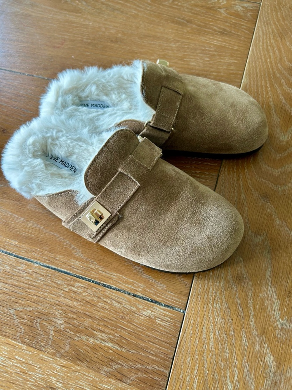 New Steve Madden Money F Leather Faux Fur Slop on Clogs - Picture 2 of 5